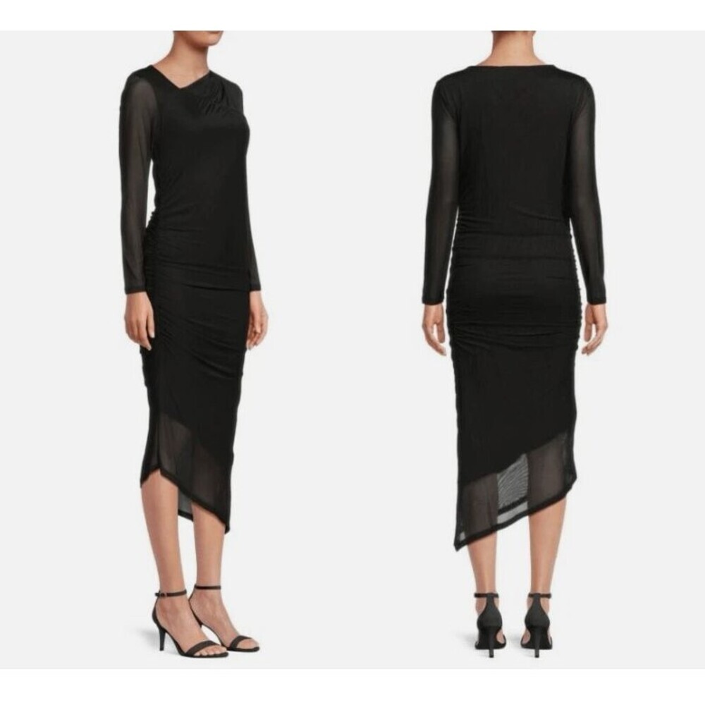 Calvin Klein Women's Asymmetric Hem Ruched Midi Black Sheath Dress Small